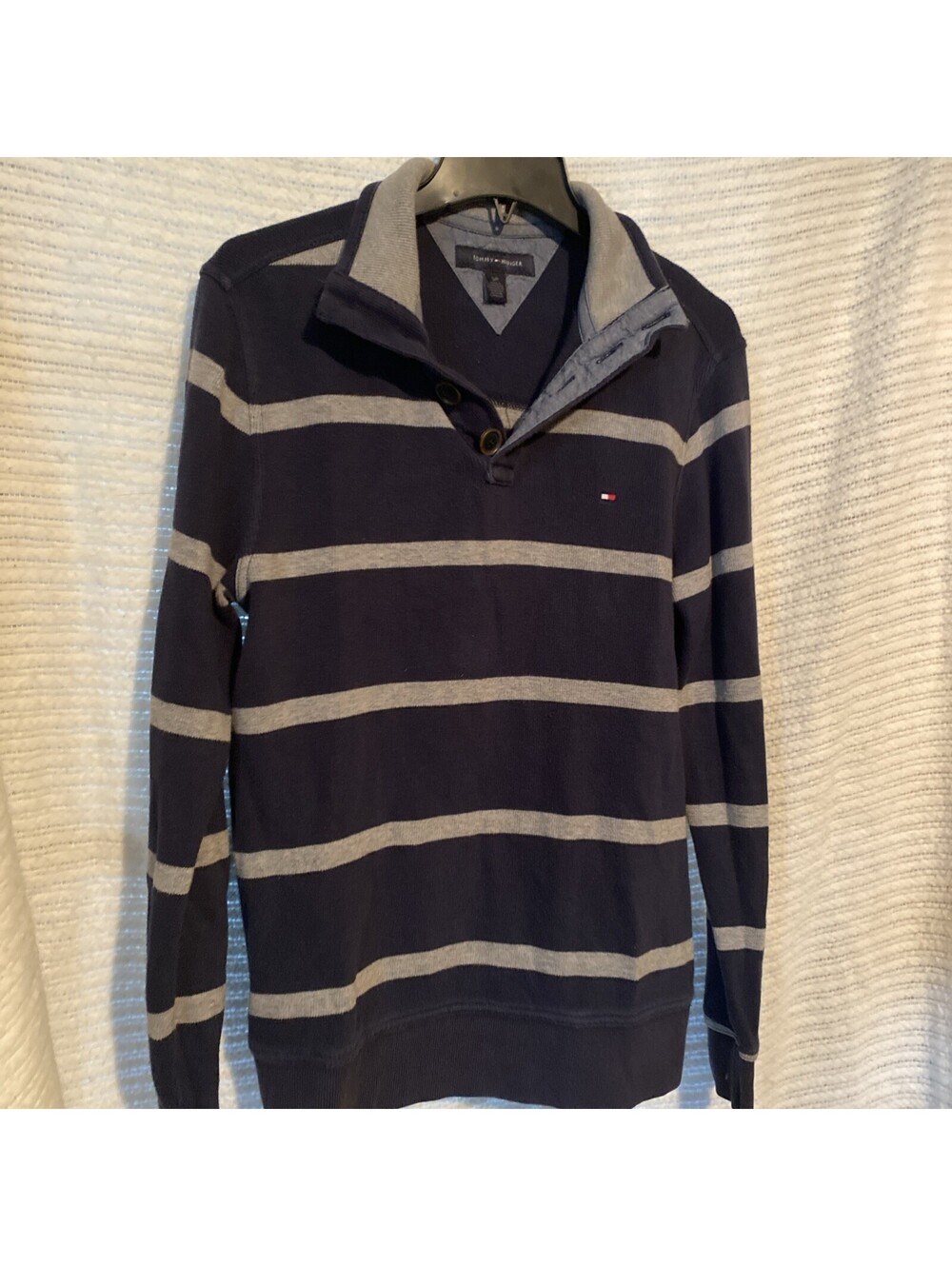 TOMMY HILFIGER MEN'S BLUE/GRAY STRIPED HEAVY POLO 100% COTTON SIZE S/P